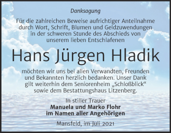 Traueranzeige von Hans Jürgen Hladik von Trauerkombi Mansfelder Land