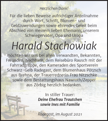 Traueranzeige von Harald Stachowiak von Trauerkombi Köthen