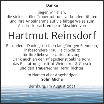 Traueranzeige von Hartmut Reinsdorf von Trauerkombi Bernburg