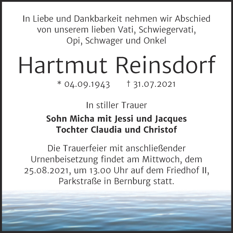  Traueranzeige für Hartmut Reinsdorf vom 14.08.2021 aus Trauerkombi Bernburg
