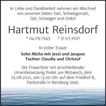 Traueranzeige von Hartmut Reinsdorf von Trauerkombi Bernburg