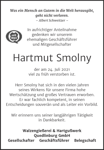Traueranzeige von Hartmut Smolny von Mitteldeutsche Zeitung Quedlingburg