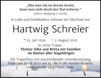 Traueranzeige von Hartwig Schreier von Mitteldeutsche Zeitung Halle/Saalkreis