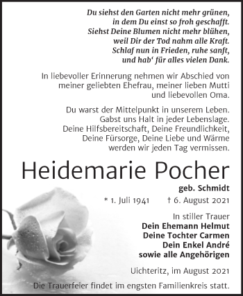 Traueranzeige von Heidemarie Pocher von Trauerkombi Weißenfels
