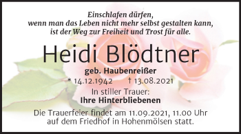 Traueranzeige von Heidi Blödtner von Trauerkombi Weißenfels