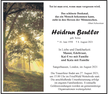 Traueranzeige von Heidrun Beutler von Trauerkombi Sangerhausen