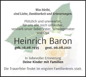Traueranzeige von Heinrich Baron von Super Sonntag Wittenberg