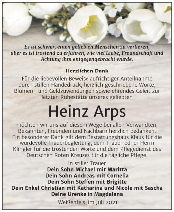 Traueranzeige von Heinz Arps von Trauerkombi Weißenfels