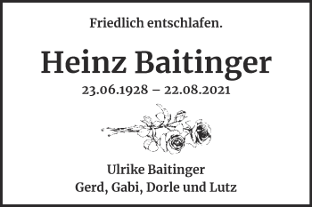 Traueranzeige von Heinz Baitinger von Naumburger Tageblatt