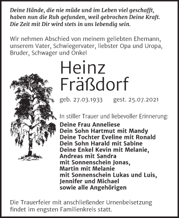 Traueranzeige von Heinz Fräßdorf von Trauerkombi Wittenberg