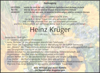 Traueranzeige von Heinz Krüger von Trauerkombi Merseburg