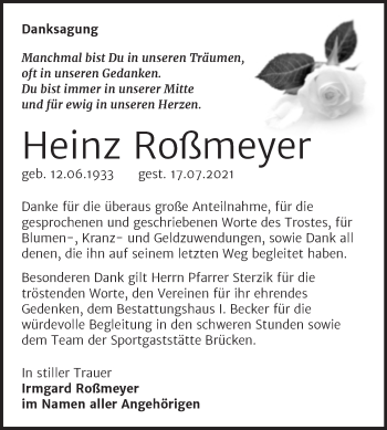 Traueranzeige von Heinz Roßmeyer von Trauerkombi Sangerhausen