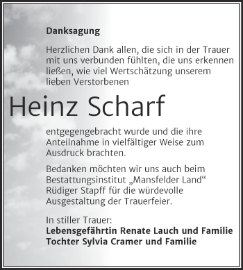 Traueranzeige von Heinz Scharf von Trauerkombi Mansfelder Land