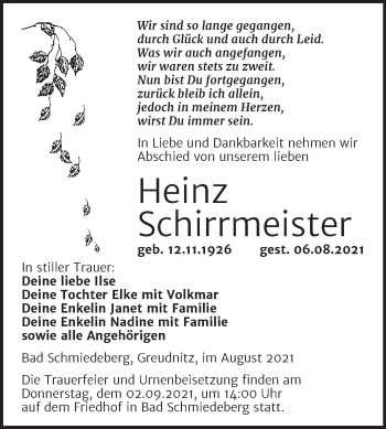 Traueranzeige von Heinz Schirrmeister von Trauerkombi Wittenberg