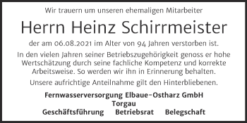 Traueranzeige von Heinz Schirrmeister von Super Sonntag Wittenberg