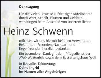 Traueranzeige von Heinz Schwenn von Trauerkombi Weißenfels