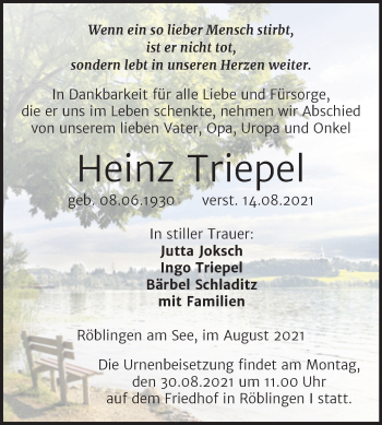 Traueranzeige von Heinz Triepel von Trauerkombi Mansfelder Land