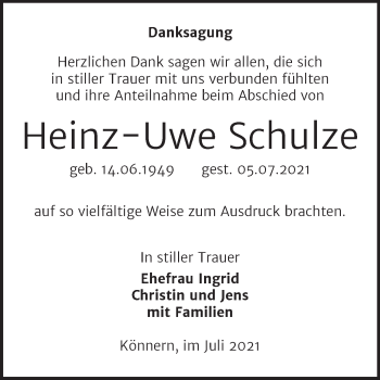 Traueranzeige von Heinz-Uwe Schulze von Trauerkombi Bernburg