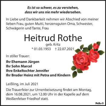 Traueranzeige von Heitrud Rothe von Trauerkombi Weißenfels