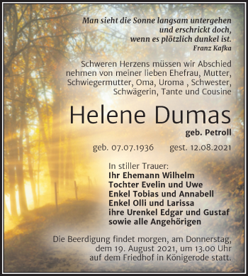 Traueranzeige von Helene Dumas von Mitteldeutsche Zeitung Quedlingburg