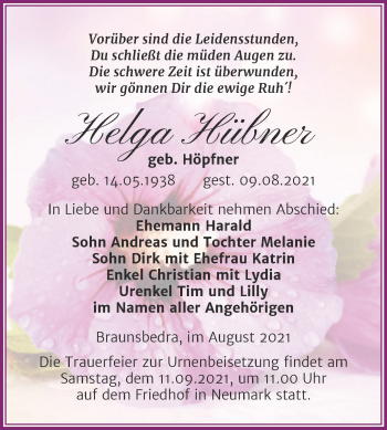 Traueranzeige von Helga Hübner von Trauerkombi Merseburg