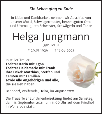 Traueranzeige von Helga Jungmann von Trauerkombi Mansfelder Land