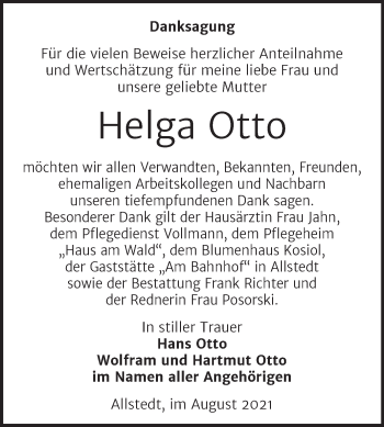 Traueranzeige von Helga Otto von Trauerkombi Sangerhausen