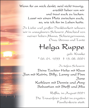 Traueranzeige von Helga Ruppe von Trauerkombi Sangerhausen