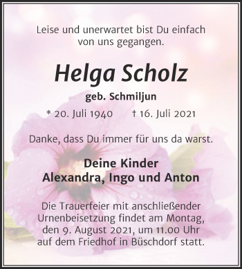 Traueranzeige von Helga Scholz von Mitteldeutsche Zeitung Halle/Saalkreis