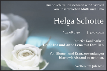 Traueranzeige von Helga Schotte von Trauerkombi Dessau