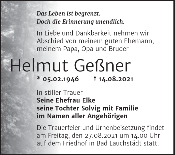 Traueranzeige von Helmut Geßner von Trauerkombi Merseburg