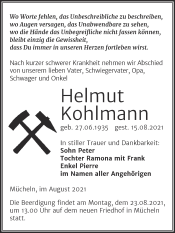 Traueranzeige von Helmut Kohlmann von Trauerkombi Merseburg
