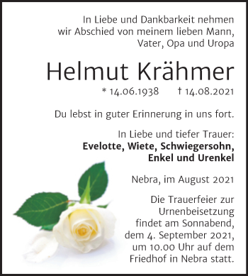 Traueranzeige von Helmut Krähmer von Naumburger Tageblatt