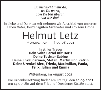 Traueranzeige von Helmut Letz von Trauerkombi Wittenberg