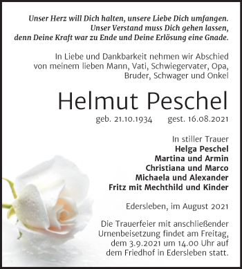 Traueranzeige von Helmut Peschel von Trauerkombi Sangerhausen