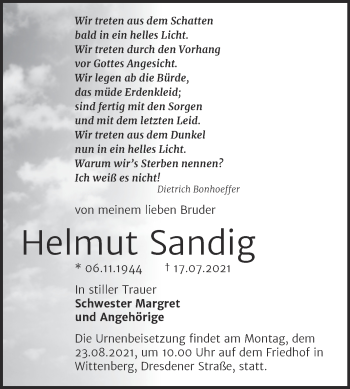 Traueranzeige von Helmut Sandig von Trauerkombi Wittenberg