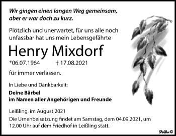 Traueranzeige von Henry Mixdorf von Trauerkombi Weißenfels