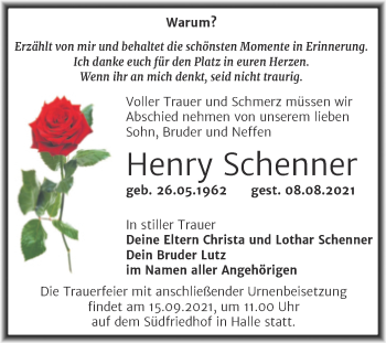 Traueranzeige von Henry Schenner von Mitteldeutsche Zeitung Halle/Saalkreis