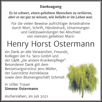 Traueranzeige von Henry Horst Ostermann von Trauerkombi Aschersleben