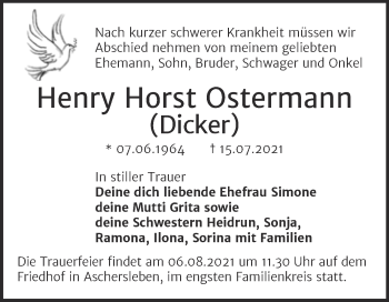 Traueranzeige von Henry Horst Ostermann von Trauerkombi Aschersleben