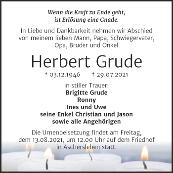 Traueranzeige von Herbert Grude von Trauerkombi Aschersleben