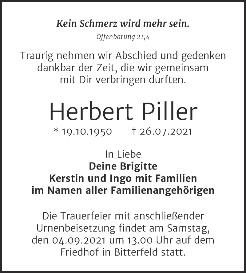  Traueranzeige für Herbert Piller vom 11.08.2021 aus Trauerkombi Bitterfeld