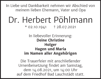 Traueranzeige von Herbert Pöhlmann von Trauerkombi Merseburg