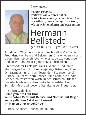 Traueranzeige von Hermann Bellstedt von Wochenspiegel Naumburg/Nebra