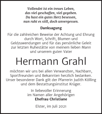Traueranzeige von Hermann Grahl von Trauerkombi Wittenberg