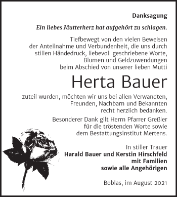 Traueranzeige von Herta Bauer von Wochenspiegel Naumburg/Nebra