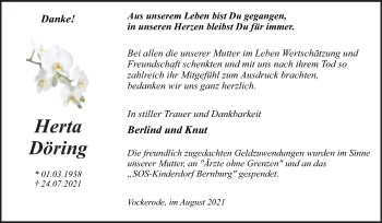Traueranzeige von Herta Döring von Trauerkombi Wittenberg