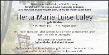 Traueranzeige von Herta Marie Luise Luley von Trauerkombi Bernburg