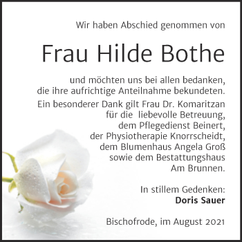 Traueranzeige von Hilde Bothe von Mitteldeutsche Zeitung Mansfelder Land