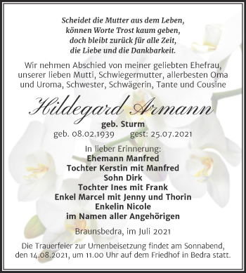 Traueranzeige von Hildegard Armann von Trauerkombi Merseburg